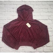 GUESS Womens Velour Logo Cropped Hoodie Burgundy Size XS