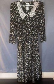 🌹 VTG  size 14 black long sleeve dress roses