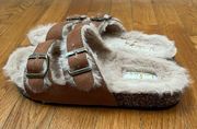 NWT  Carmella Camel Faux Suede Fur Buckled Sandals 7.5 See Description