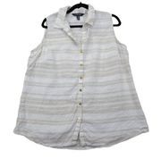 Ellen Tracy Womens XL 100% Linen Button-Up Shirt Top Sleeveless Tan White