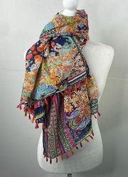 Bohemian Paisley Vibrant Colored Oversized Scarf with Fringe 100% Cotton