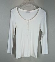 AYR Women's High Roller Henley Top Ribbed Knit Long Sleeve Cream Size S