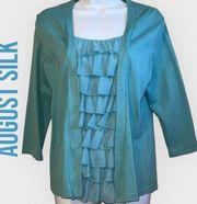 August Silk Layered Top With Ruffle Inset Trellis Turquoise NWT $68 Large