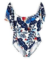 One Piece Plus Size 2X Swimsuit Off Shoulder Tropical Floral Blue White  1393