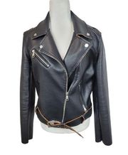 Vigoss Black Faux Leather Moto Jacket Waist Buckle Medium