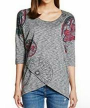 Desigual  Gray Floral India inspired Knit Long Sleeve Top Tunic Shirt Size Small