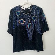[Vintage] Laurence Kazar 80s Size 3X Fully Beaded Silk Peacock Party Top Keyhole