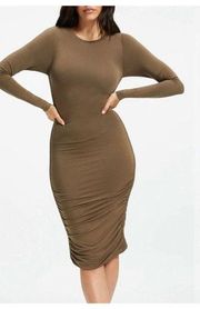 NWT Good American Side Ruched Midi Dress LARGE Olive Green Long Sleeve Bodycon