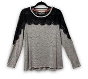 Rewind Heather Gray Black Lace Long Sleeve Crewneck Top Neutral M