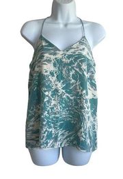 Tibi Women Top Strappy Blouse Tank Turquoise V-Neck Lined Whimsical Print Flowy