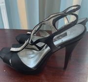 Nina Womens High Heels Peep Toe Sandals Ankle Strap Black Silver Shoes Size 6