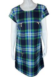 Julie Brown Womens Size 8 Green Plaid Wool Blend Short Sleeve Midi Dress Pockets