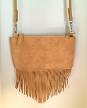 Free people genuine camel suede crossbody clutch with fringe trim