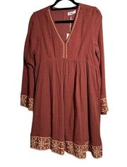 NWT Rust Orange Boho Bell Sleeve Mini Dress V Neck Cotton Gauze Embroidered Sx M