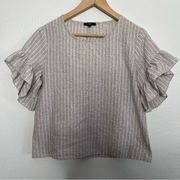Drew by Anthropologie Ruffle Cuff Striped Blouse in Tan and White Pinstripe S