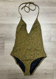 Madewell Womens Animal Print Green Tie Halter One Piece Swim Suit size 2