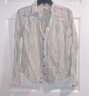 Holding Horses Pastel Striped V Neck Button Down Blouse Shirt Top Cowgirl Blouse