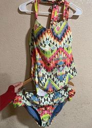 BECCA geometric bathing suit - halter top high waist ruched bottom plus size 1X