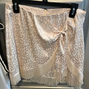 Molly Green satin ivory leopard print mini‎ skirt fringe women’s large