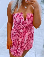 pink snake skin print v wire tie front strapless romper