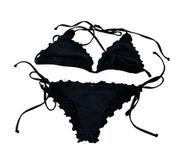 Relleciga Bikini Womens Small Black Ruffle Triangle Swim Suit Strappy Tie Solid