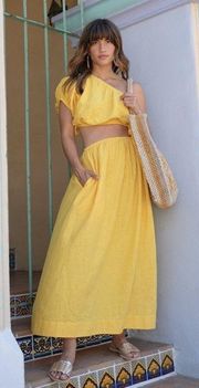 Dress Open Waist Maxi One-Shoulder Knot Linen Asymmetrical Yellow M GUC