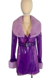 Dolls Kill Sugar Thrillz Clear Purple Faux Fur Trim Trench Coat Size XS