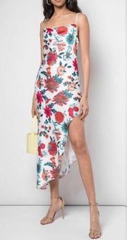 Haney Goldie Floral Silk Slip Midi Dress White Criss Cross Back 12