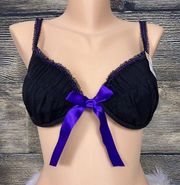 Vintage Delicates Bra Size 36C Black Purple Bow Lace Mesh Lined Ruched New NWT