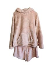 Pink Plush Fluffy Bear Hooded Pullover & Shorts Set