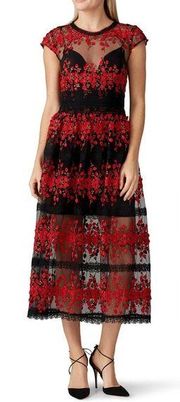 RTR Bronx and Banco
Gloria Midi Dress Red/Black Sz Medium Lace Sheer crochet