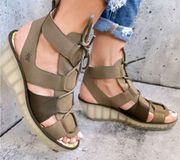 Fly London Yaca Platform Wedge Sandal 40/9-9.5 Khaki Green Leather Boho Chic