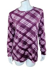 Denim & Co. Printed Velour Pullover Hi-Low Hem Deep Wine Plaid Petite Small NWOT