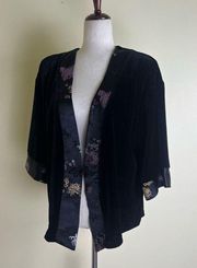 Vintage 90s Black Velvet Floral Kimono Jacket Wide Sleeve Single Button M/L