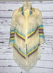 POL Size M Multi-Color Fringe Trim Open Weave Sweater Cardigan w/ Hood