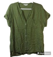 Lucky Brand Short Sleeve Woven Mix Button Down Top Olivine Size L