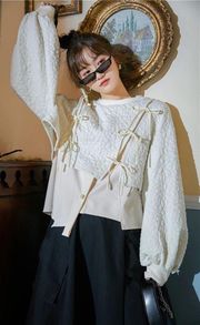 Sweatshirt sweater crop floral cream beige bow tie lace up lantern sleeve slit