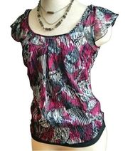 IZ Byer pink and black abstract print smocked top size medium