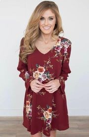 Long flutter sleeve open back wine floral dress with pockets size small