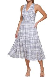 DKNY blue and white plaid tiered ruffle maxi with v-neck size 10