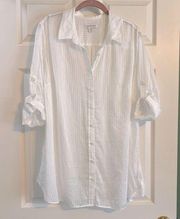 Coldwater Creek Sheer White Pinstripe Shirt Button Up Tab Sleeve 1X 18 Plus Size