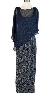 SLNY Women's Formal Dress Size 6 Blue Metallic Lace Sleeveless Long Evening Gown