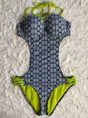 Patterned Blue and Neon Green Cut Out One Piece Swimsuit Size Large