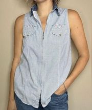 Petite Sophisticate and Company Vintage Denim Collar Zip Up Striped Blouse Shirt