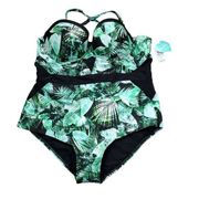 Torrid Vixen Swim One Piece Swimsuit Green Black Palm Cutout Mesh Plus Size 3X