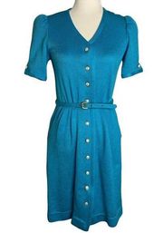 Vintage 70s Leslie Fay Button Down Dress 6 Blue Knit V Neck Belted Union Made