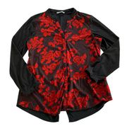 NY Collection Shirt Women X-Large Black Red Floral Print V-Neck Long Sleeve Poly