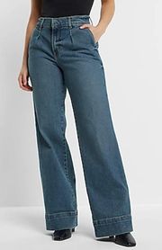 High Rise Wide Leg Pleated Front Jeans In Blue Size 6 Long