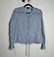 Theory blue and white gingham button down tie blouse