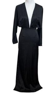 AQ/AQ Madison Plunge Neck Satin Maxi Dress Black Side Slit Women’s Size 0